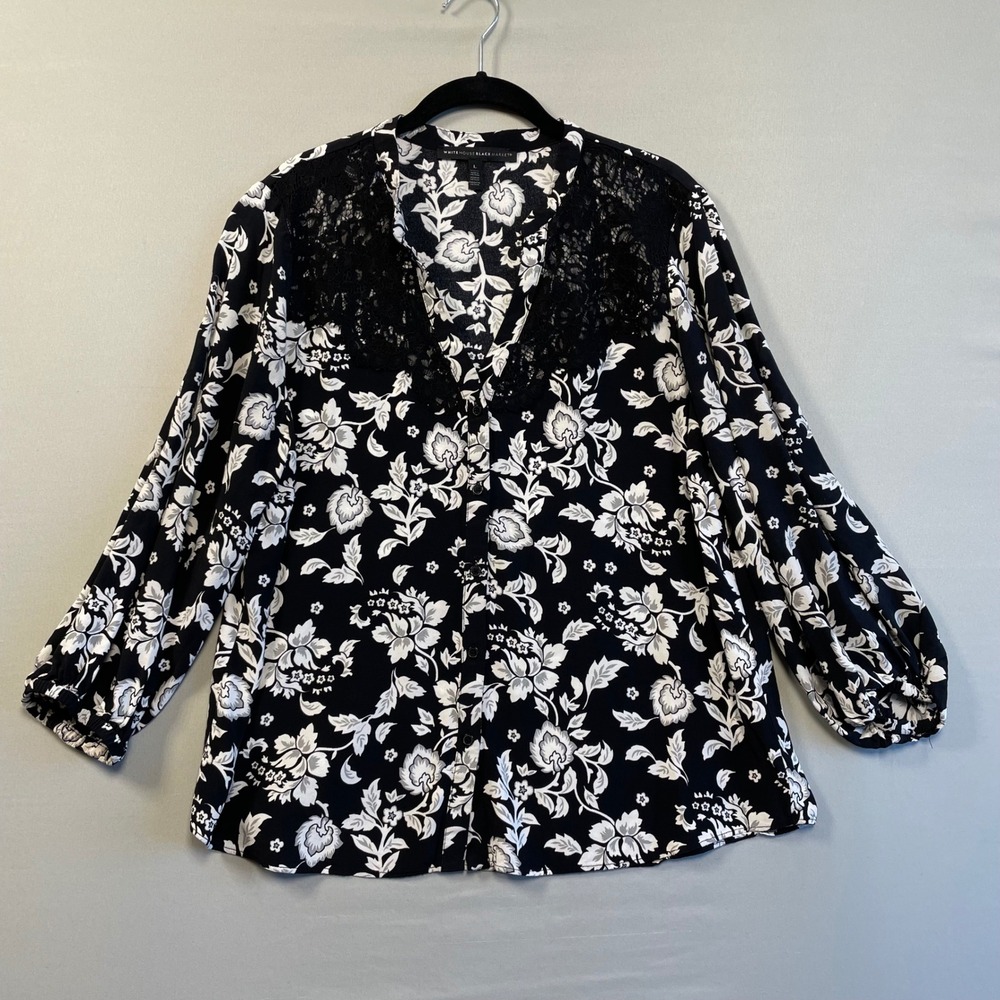 White House Black Market Floral Lace V Neck Blouse‎ Women Size L Black White